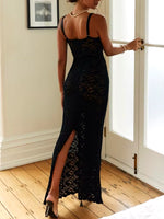 Elegant Lace See through Maxi Dress Women Summer Sexy Spaghetti Straps Bodycon Wedding Party Dresses 2023 Black Split Long Dress