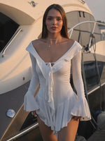 White Deep V Neck Ruffled Dress for Women Long Flare Sleeve Autumn Fashion Beach Party Short Dresses Female Sexy Slim