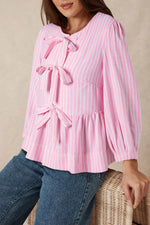 Tied Bow Striped Round Neck Blouse