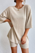 Khaki Ribbed Knit V Neck Slouchy Two-piece Outfit
