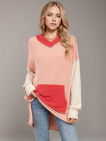 Double Take Contrast Hooded Long Sleeve Top