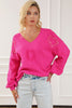 Rose Red Pearl Embellished Fuzzy Hearts V Neck Sweater