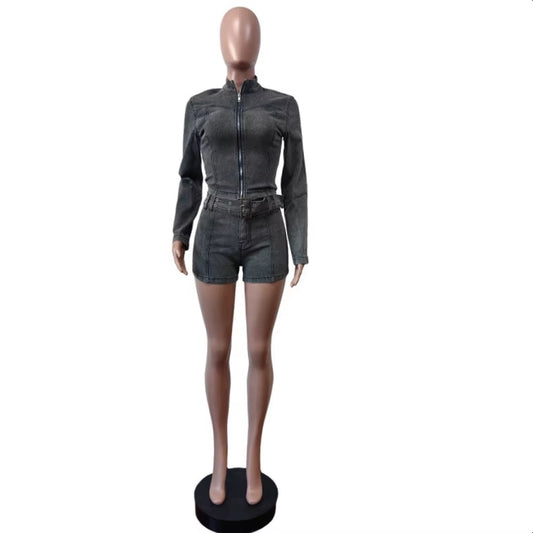 Sexy Denim Womens 2 Two Piece Set Stretchy Long Sleeve Zip up Slim Jackets and Shorts Suits Y2K Streetwear Belt Jean Outfit Sets