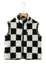 Khaki Checkered Sherpa Collared Jacket Vest