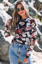 Pink Mesh Floral Print Mock Neck Long Sleeve Slim Top