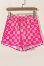 Black Checkered Drawstring Elastic Waist Casual Shorts