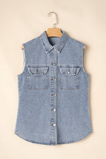 Beau Blue Denim Flap Pocket Curved Hem Shirt Vest