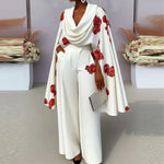 2024 New Women'S Pile Collar Top and Long Pants 2 Piece Sets Elegant Floral Print Pocket Outfits Fashion Pleated Commuting Suit