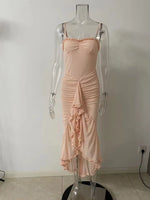 Women Elegant Irregular Ruffles Hem Pleated Sling Maxi Dress Sexy Sleeveless Backless Slim Robes 2024 Lady Evening Party Dresses