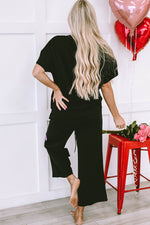 Black Sequin Heart Popping Graphic Textured 2pcs Outfit