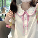 Embroidery Shirts Women Lovely Age-Reducing Summer New Students Puff Sleeve Popular Korean Style Loose All-Match Casual Graceful