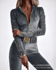 Sexy Bodycon Jumpsuits Women Velvet Zipper Design Sheath Jumpsuits Ruched Long Sleeve Jumpsuit with Elastic Waistbelt