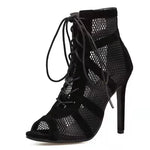 New Fashion Show Black Net Fabric Cross Strap Sexy High Heel Sandals Woman Shoes Pumps Lace-Up Peep Toe Sandals Casual Mesh