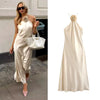 Flower Halter Dress Woman off Shoulder Satin Long Dress Women Backless Sexy Evening Dresses Summer Party Dresses for Women