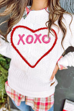 White XOXO Glitter Chenille Cable Knit Pullover Sweatshirt