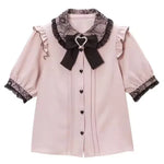 Gothic Lolita Blouses Women Sweet Bow off Shoulder JK Shirt Japanese Girls Elegant Love Heart Lace Ruffles Blusas Mujer Tops
