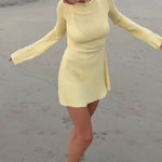 Women Sexy Dress, Solid Color round Neck Long Sleeve Backless Hip Dress, Slim-Fit Summer Short Dress for Bar, Parties, Clubs