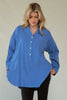 Davi & Dani Letter Back Raw Hem Half Button Shirt