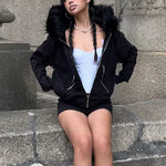 Faux Fur Collar Hooded Zip up Hoodies Gothic Grunge Pockets Autumn Black Jackets Female Y2K Streetwear Egirl Cardigans