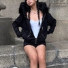 Faux Fur Collar Hooded Zip up Hoodies Gothic Grunge Pockets Autumn Black Jackets Female Y2K Streetwear Egirl Cardigans