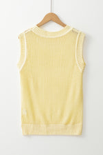 Yellow Solid Color Hollowed Knit Round Neck Sweater Vest