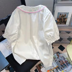 Embroidery Shirts Women Lovely Age-Reducing Summer New Students Puff Sleeve Popular Korean Style Loose All-Match Casual Graceful