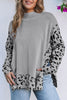 Gray Leopard High Neck Side Slit Oversized Sweater
