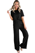 Smoke Gray Solid Color T Shirt 2pcs Wide Leg Pants Set