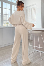 Khaki Ribbed Knit V Neck Slouchy Two-piece Outfit