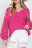 Rose Red Pearl Embellished Fuzzy Hearts V Neck Sweater