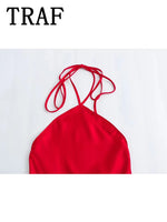 TRAF 2024 Halter Long Dresses for Women Backless Satin Dress Woman off Shoulder Sexy Midi Dresses Elegant Evening Party Dress