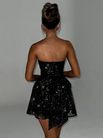 Elegant Strapless Sexy Mini Dress Women Fashion Black Off-Shoulder Backless Pleated Sequins Sparkle Club Party Dress