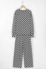 Beige Checkered Print Long Sleeve Top and Pants Lounge Set