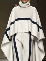 Freeacy 2025 New Women'S Pant Sets High Neck Cape Sleeves Ruffled Shirt Top and High Waist Striped Pants Elegant Two-Piece Suit