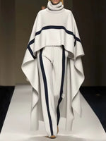 Freeacy 2025 New Women'S Pant Sets High Neck Cape Sleeves Ruffled Shirt Top and High Waist Striped Pants Elegant Two-Piece Suit