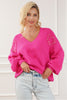 Rose Red Pearl Embellished Fuzzy Hearts V Neck Sweater