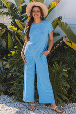 Wild Wind Solid Corded Knit Short Sleeve T Shirt and Wide Leg Pants Set