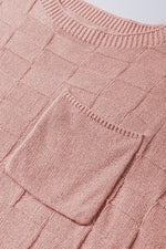 Bright Pink Lattice Textured Knit Short Sleeve Sweater