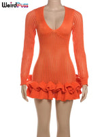 Crochet Women Dress See through Sexy Tierred Hem 2024 Fall Trend Hipster Deep V-Neck Stretch Y2K Chic Mini Bodycon