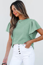 Moonlight Jade Solid Color Textured Flutter Sleeve Top