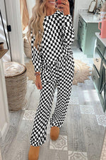 Beige Checkered Print Long Sleeve Top and Pants Lounge Set