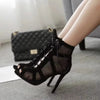 Sexy High Heels Hollow Mesh Sandals Women Summer Cross-Tied Peep Toe Heeled Sandals Ankle Strap Dance Shoes Black Net Sandals