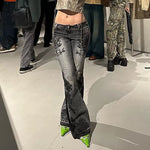 Vintage Plant Printed Flared Jeans Y2K Streetwear Low Waist Slim Denim Pant 2000S Washed High Street Women Trousers New
