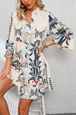White Printed Tribal Print Bracelet Sleeve Buttoned Mini Dress