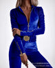 Sexy Bodycon Jumpsuits Women Velvet Zipper Design Sheath Jumpsuits Ruched Long Sleeve Jumpsuit with Elastic Waistbelt