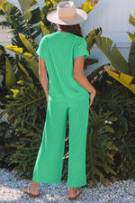 Wild Wind Solid Corded Knit Short Sleeve T Shirt and Wide Leg Pants Set
