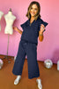 Black Textured Flutter Sleeve Top Wide Leg Pants Set