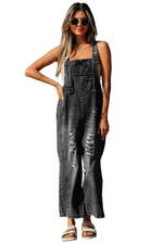 Black Distressed Bib Pocket Wide Leg Denim Overall