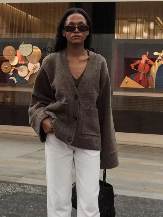 Casual V Neck Single Breasted Knitted Cardigan Women Retro Solid Long Sleeve Pocket Warm Sweater Lady New Commute Loose Knitwear
