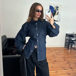 Fashion Retro Casual Women'S Denim Shirt Spring New Solid Loose Lace up Blouses Women Turndown Collar Single Breasted Shirts